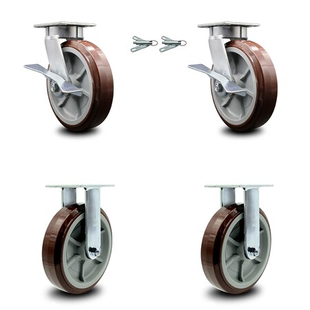 Service Caster 8 Inch Kingpinless Poly on Polyolefin Caster Brake and Swivel Lock 2 Rigid, 2PK SCC-KP30S820-PPUR-SLB-BSL-2-R-2